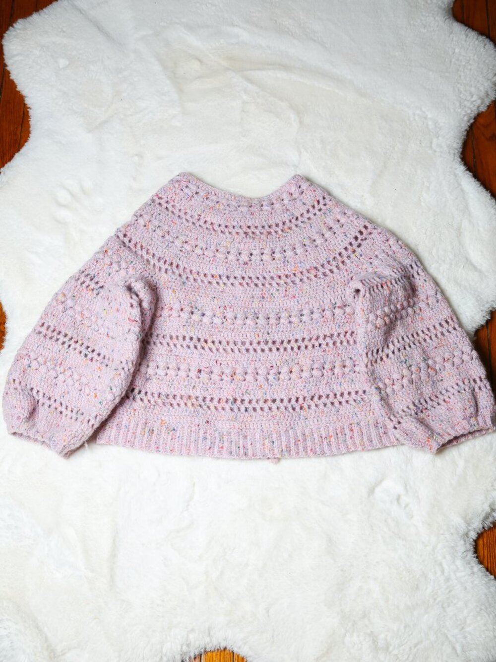 Handmade Dusty Pink Crochet Knit Cardigan with Balloon Sleeves - Picture 4 of 11